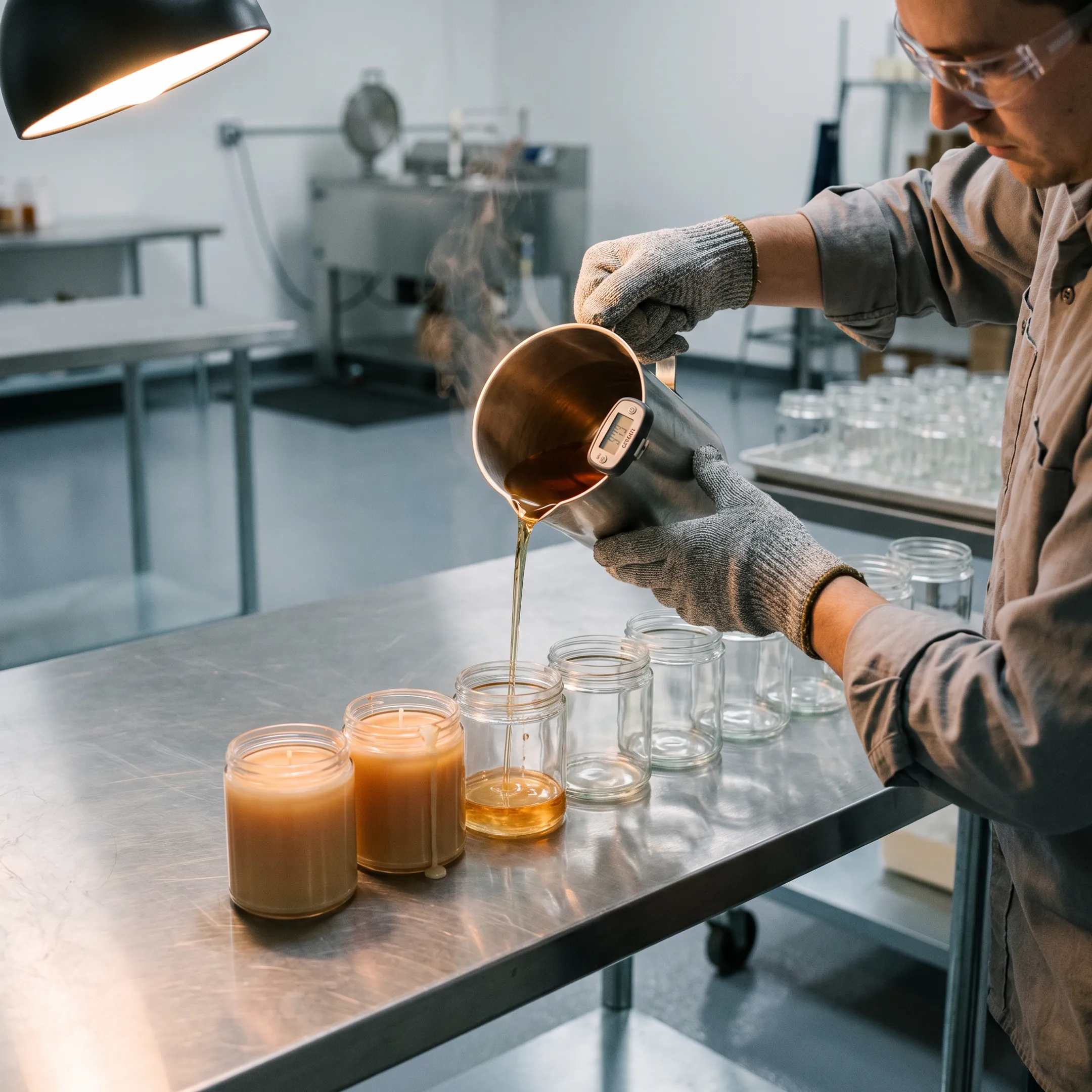 Candle filler pouring wax into bulk glass jars