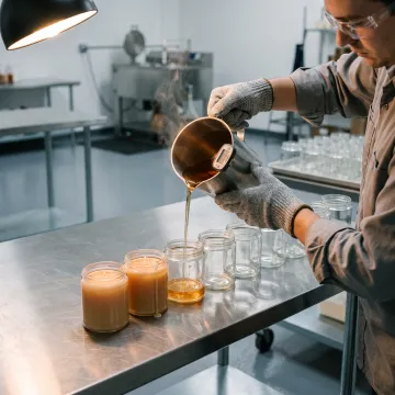 Candle filler pouring wax into bulk glass jars
