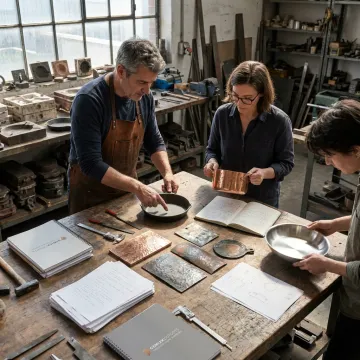Designers reviewing cookware prototypes in a workshop