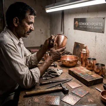 Artisan inspecting handcrafted copper kitchenware