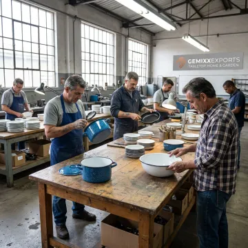 Artisans inspecting handcrafted kitchenware in a factory