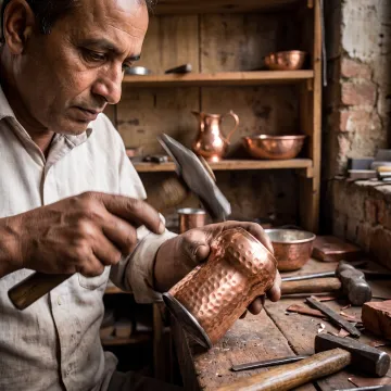 Artisan shaping a handcrafted copper houseware piece