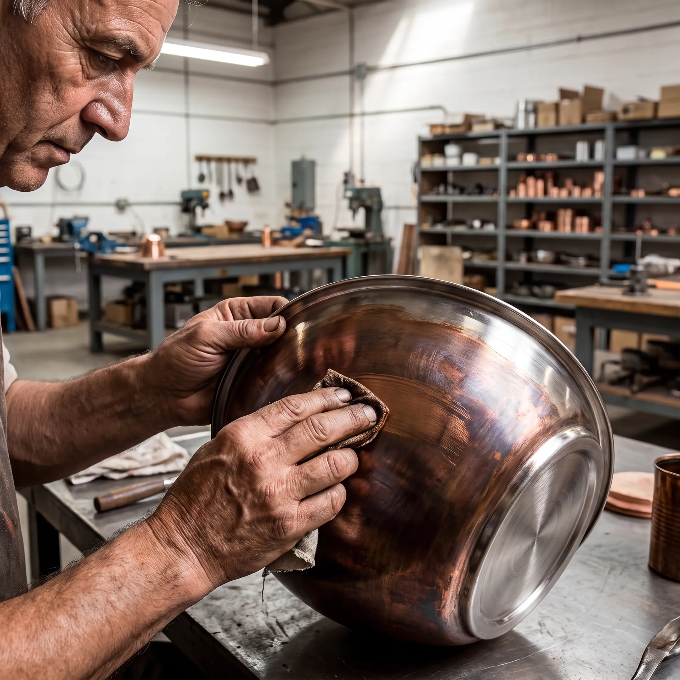 Artisan finishing a copper-coated steel bowl