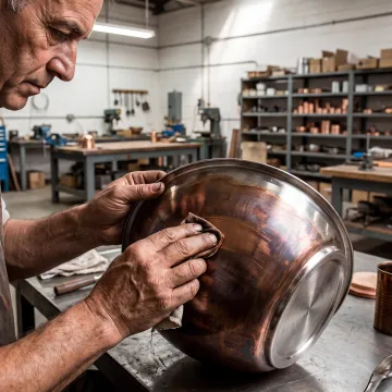 Artisan finishing a copper-coated steel bowl