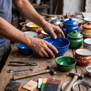 Handcrafted enamelware cookware on a worktable