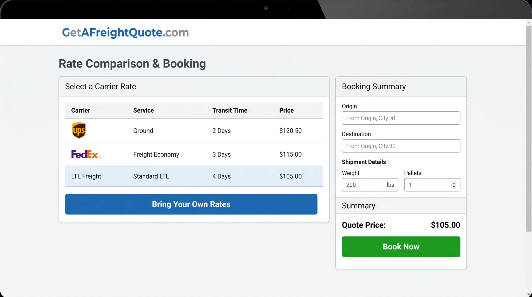 GetAFreightQuote platform dashboard comparing carrier rates side by side