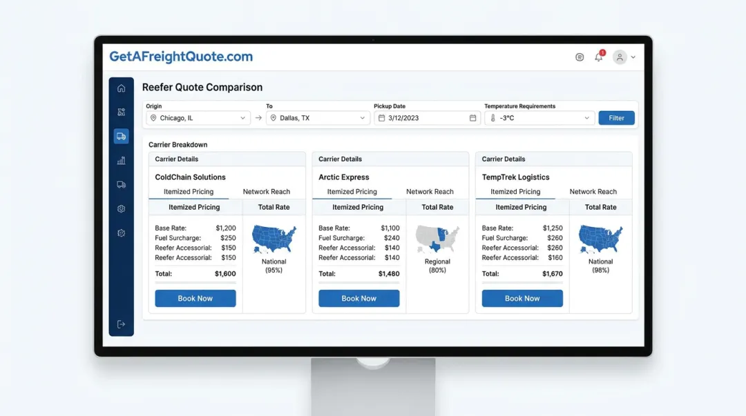 GetAFreightQuote.com platform dashboard comparing reefer carrier rates and network