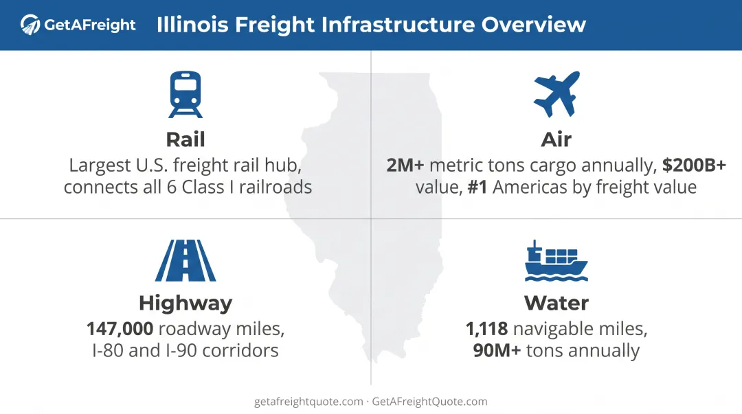 Illinois freight infrastructure overview showing rail highway air and waterway network statistics