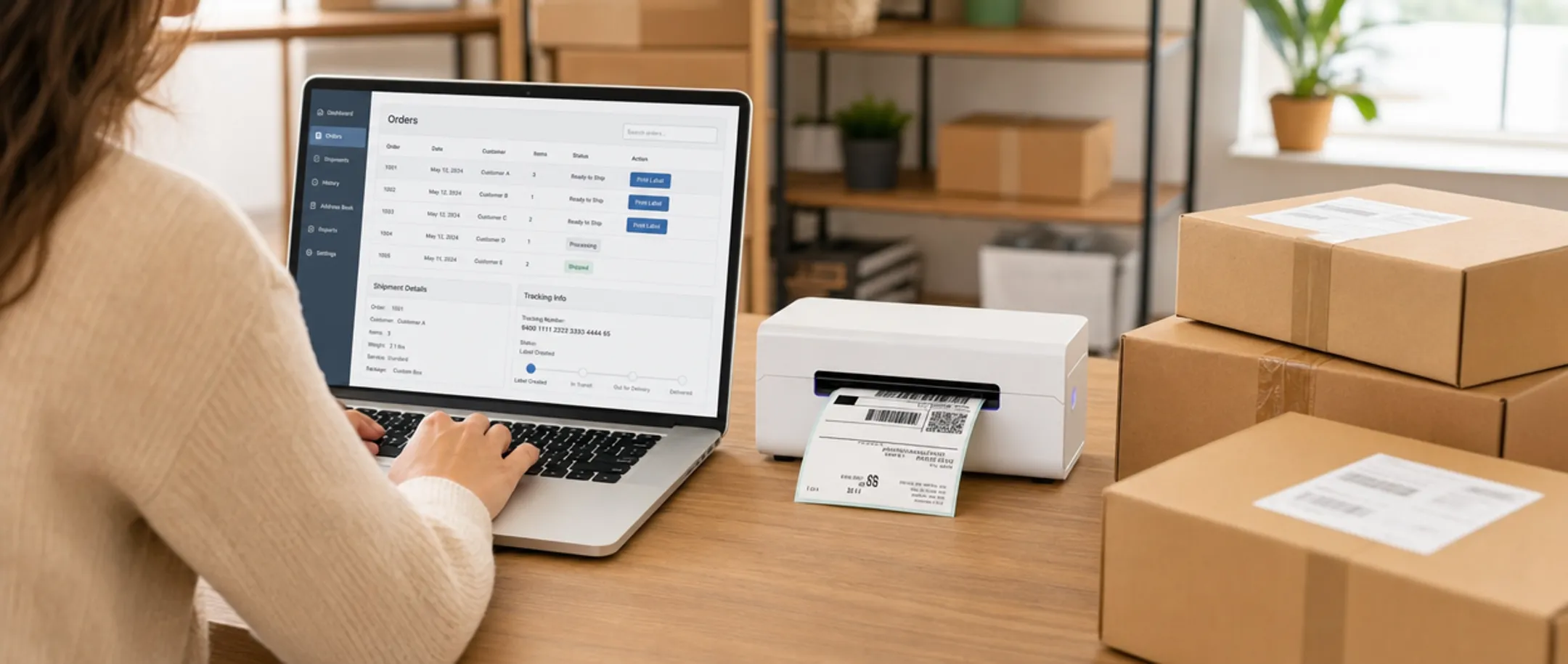 Small business owner printing shipping labels from laptop dashboard