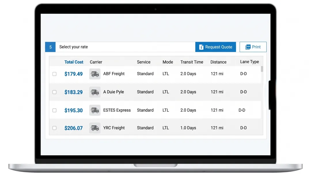 Transportation management system dashboard displaying multi-carrier LTL rate comparison and quote results