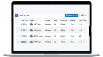 Transportation management system dashboard displaying multi-carrier LTL rate comparison and quote results