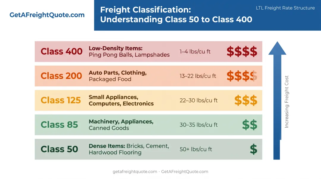 Freight classification system from Class 50 to Class 400 with density and commodity examples