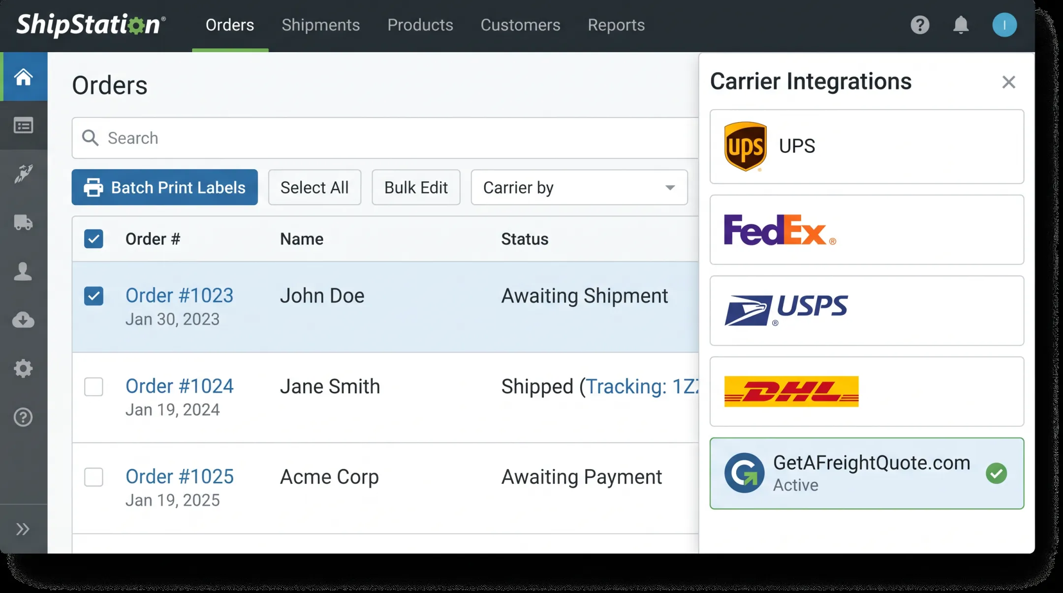 ShipStation dashboard showing batch label printing and carrier integrations