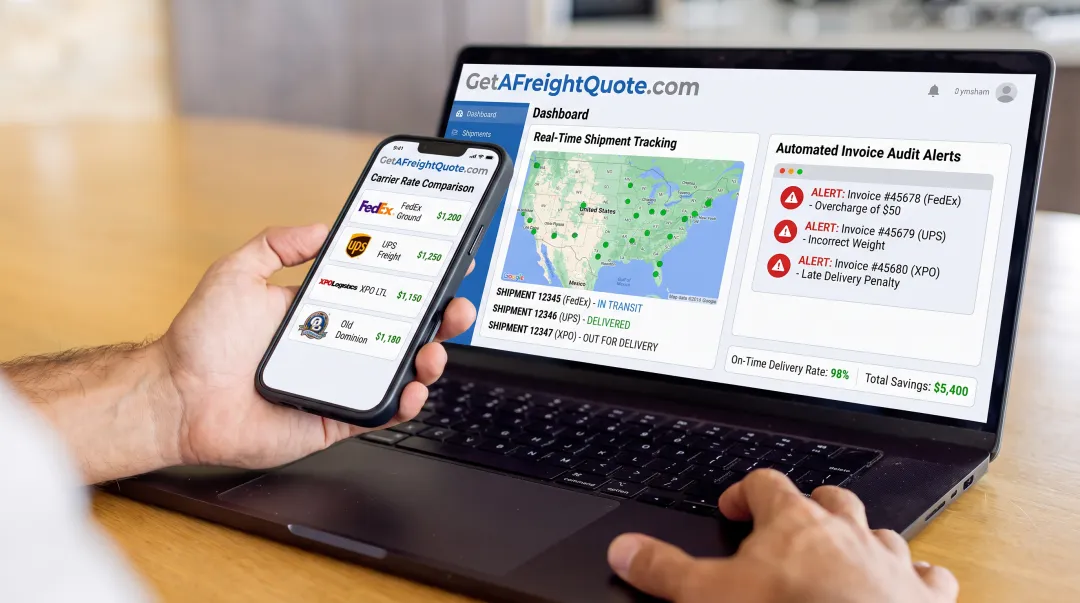 GetAFreightQuote.com TMS dashboard showing multi-carrier rate comparison and shipment tracking interface