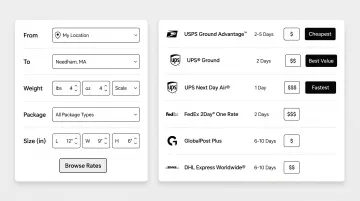 Multi-carrier rate shopping platform interface displaying side-by-side shipping quotes and transit times