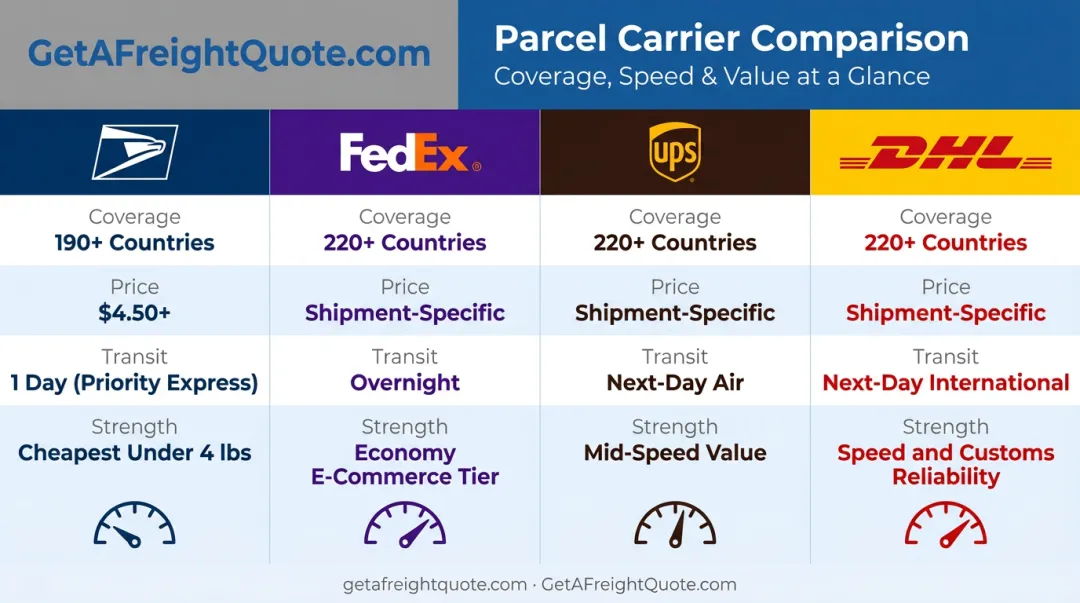 USPS FedEx UPS DHL international shipping rates and coverage comparison