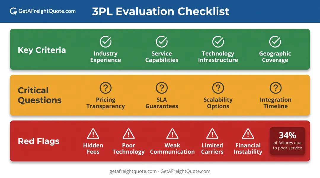 3PL provider evaluation checklist with key criteria questions and red flag warnings
