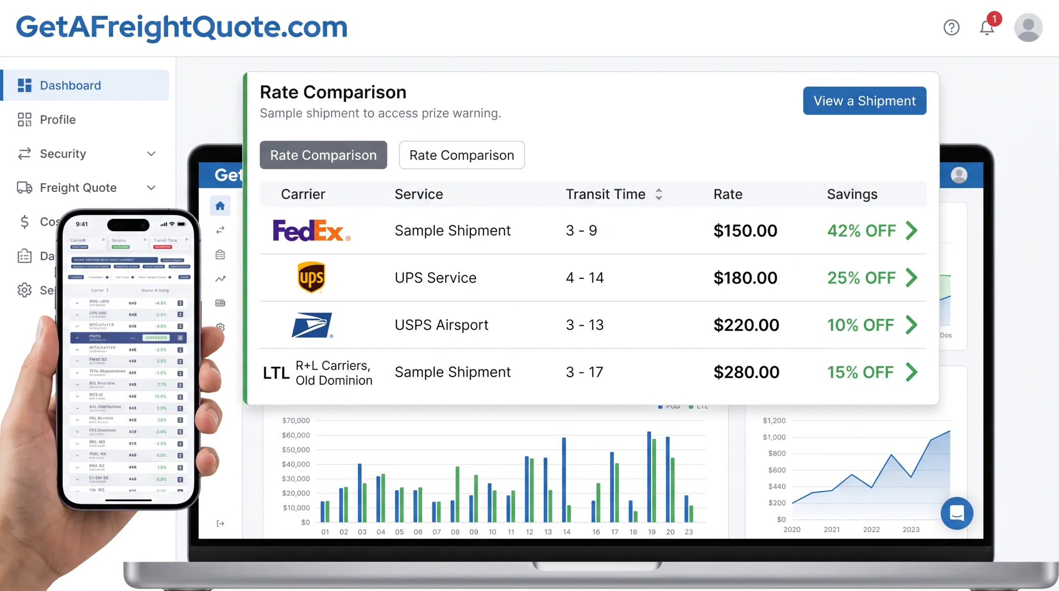 TMS platform dashboard showing pooled freight volume and carrier rate savings