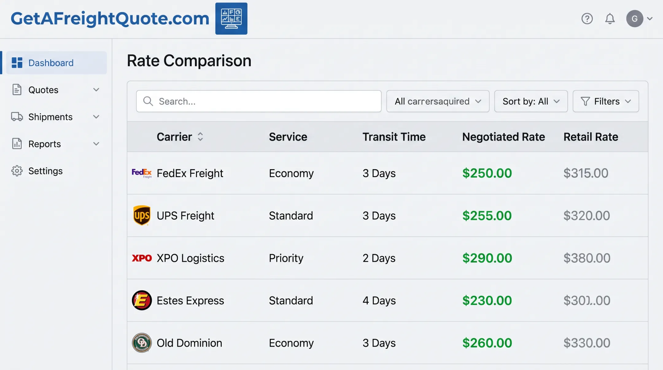 GetAFreightQuote TMS platform rate comparison dashboard interface