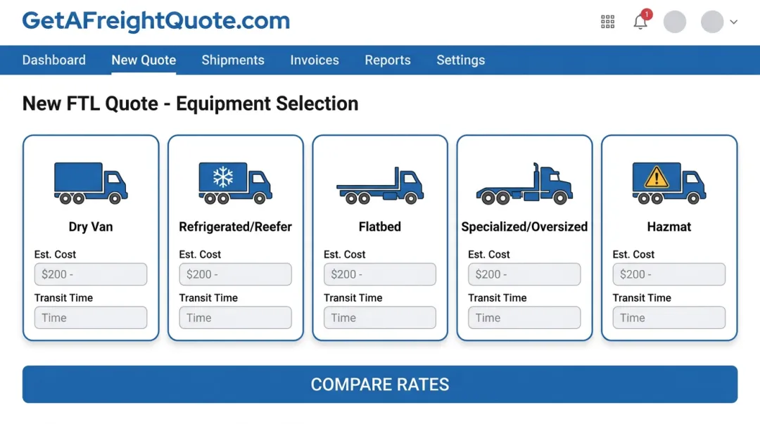 GetAFreightQuote TMS platform showing refrigerated FTL equipment category selection