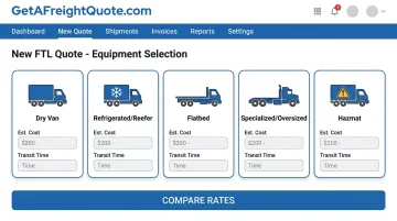 GetAFreightQuote TMS platform showing refrigerated FTL equipment category selection