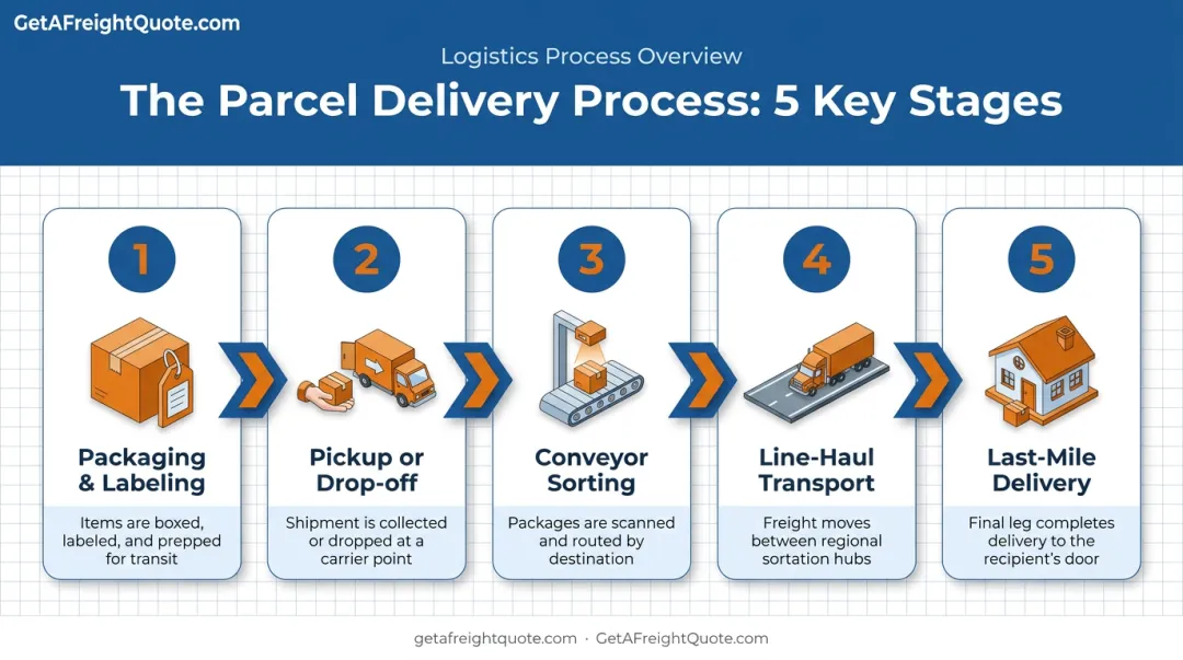 5-step parcel delivery process from labeling to last-mile delivery