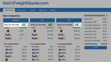 GetAFreightQuote.com TMS dashboard comparing parcel LTL and FTL shipping rates