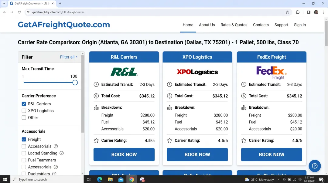 GetAFreightQuote.com TMS dashboard showing side-by-side carrier rate comparison and booking interface