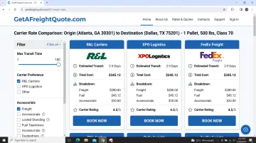 GetAFreightQuote.com TMS dashboard showing side-by-side carrier rate comparison and booking interface