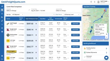 GetAFreightQuote TMS platform dashboard displaying side-by-side carrier rate comparison and booking interface