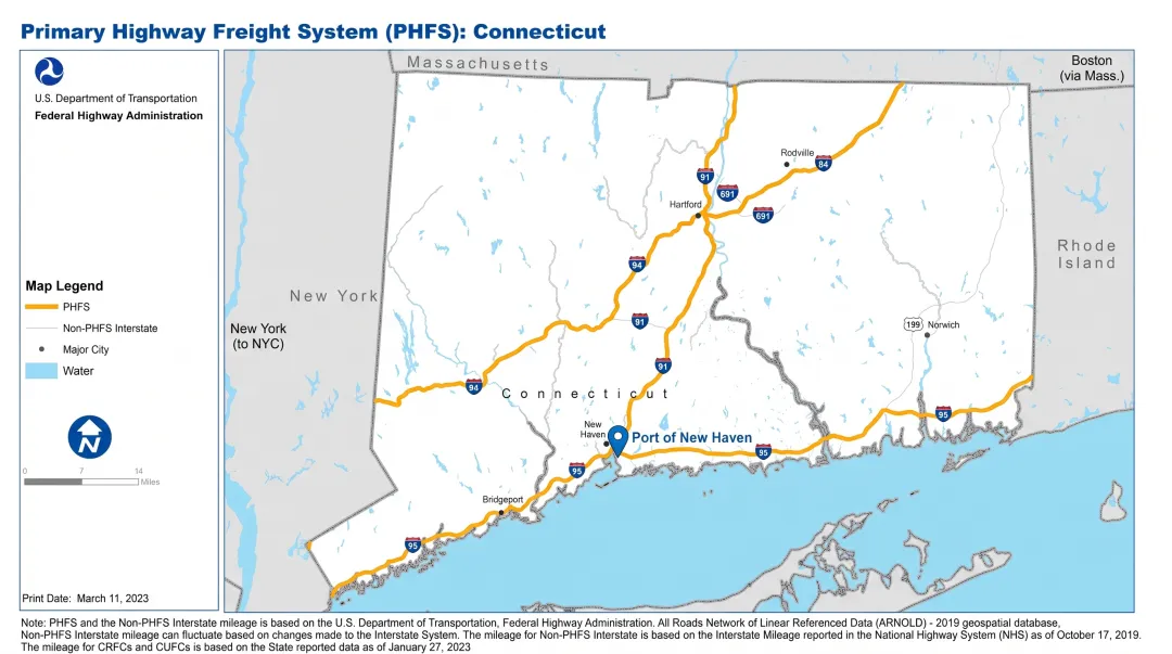 Connecticut interstate highway system showing I-95 I-84 and I-91 freight corridors with truck traffic