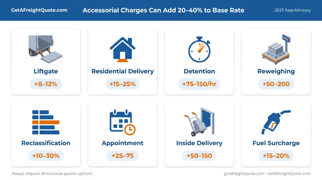 Common LTL freight accessorial charges breakdown showing fees and cost impact percentages