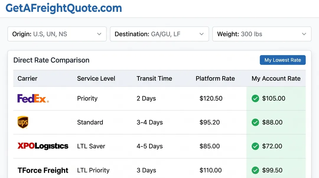 Freight rate comparison dashboard showing multiple carrier quotes with platform and custom account rates