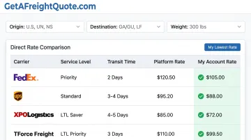 Freight rate comparison dashboard showing multiple carrier quotes with platform and custom account rates