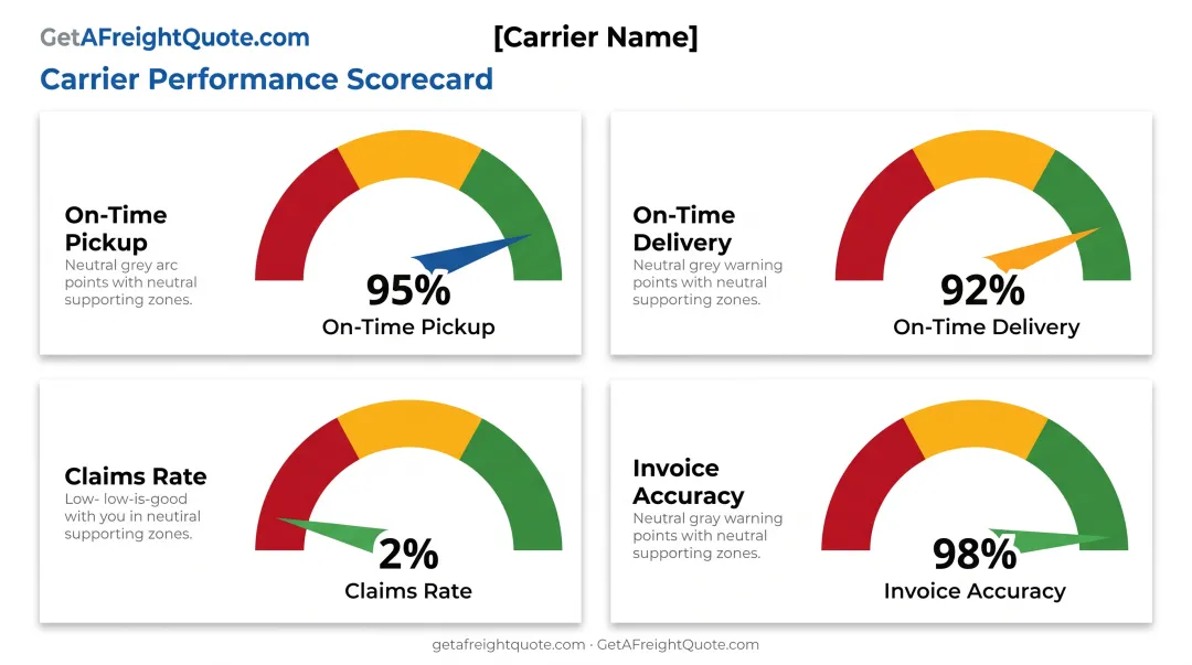 Carrier performance scorecard showing on-time delivery pickup rates claims and invoice accuracy metrics