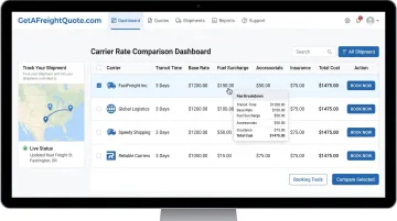 GetAFreightQuote.com TMS dashboard showing rate comparison across multiple carriers with transparent pricing