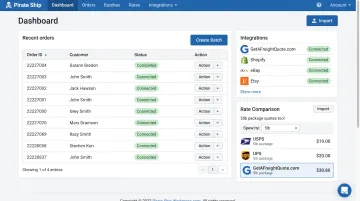 Pirate Ship platform dashboard showing batch label creation and order import features