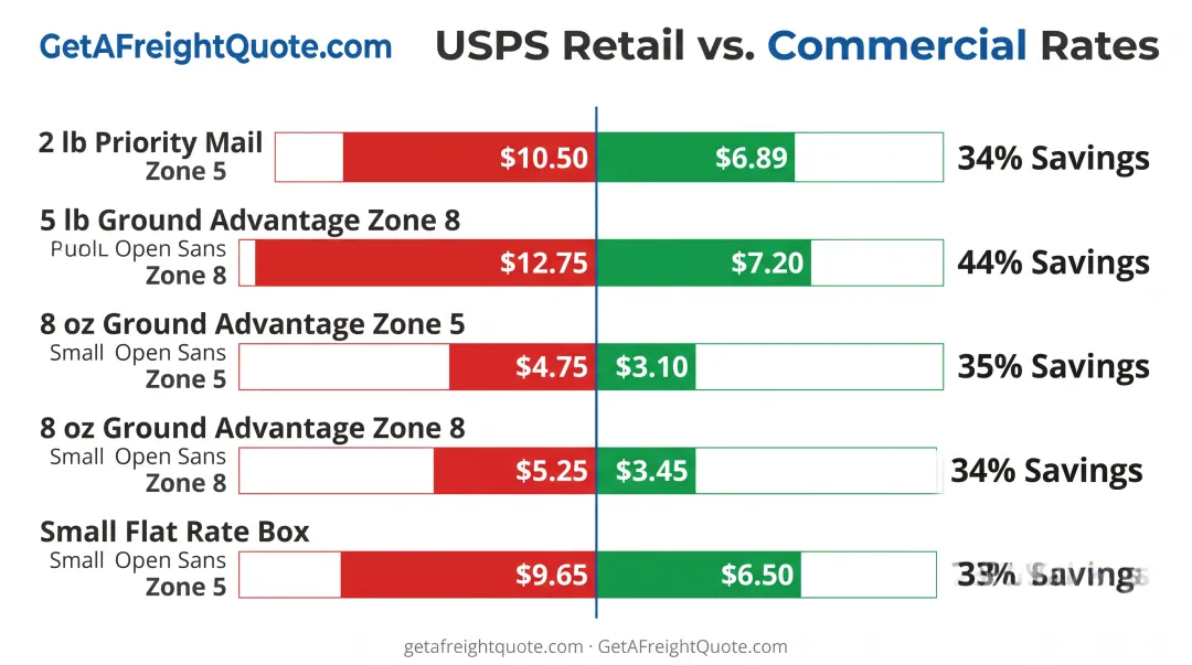 USPS retail versus commercial pricing comparison chart showing savings across five shipping services