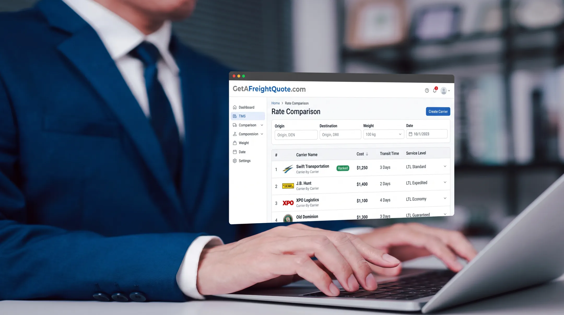 TMS platform dashboard comparing negotiated carrier rates side by side