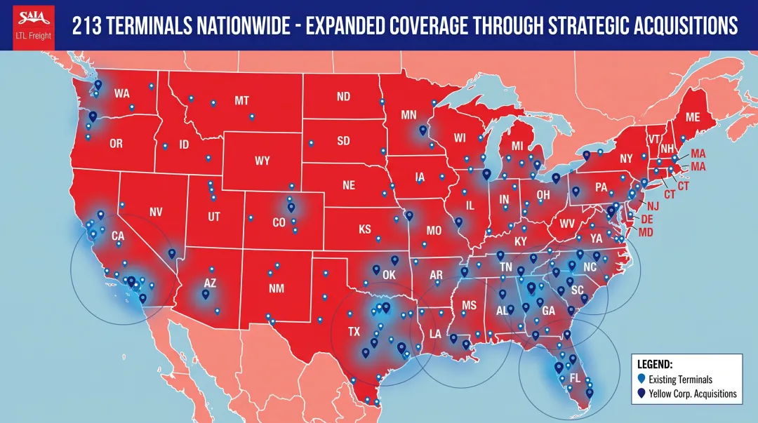Map visualization showing Saia LTL terminal network expansion across 48 contiguous United States