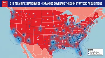 Map visualization showing Saia LTL terminal network expansion across 48 contiguous United States