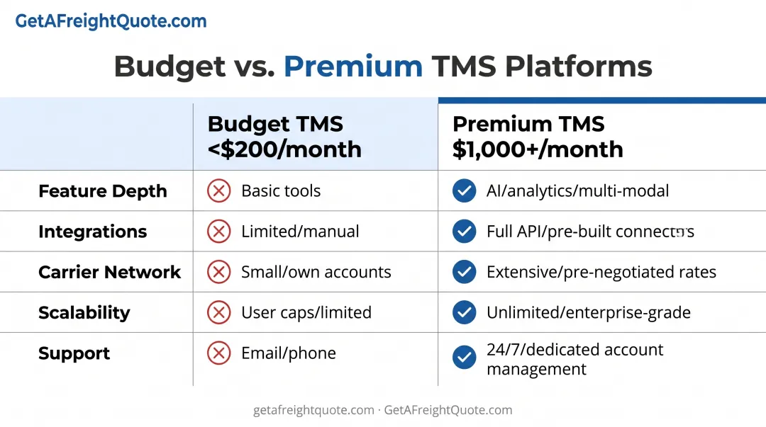 Low-cost versus high-cost TMS software feature and capability comparison across five dimensions