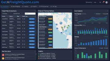 Transportation management system dashboard displaying freight rates tracking and multi-modal shipment visibility