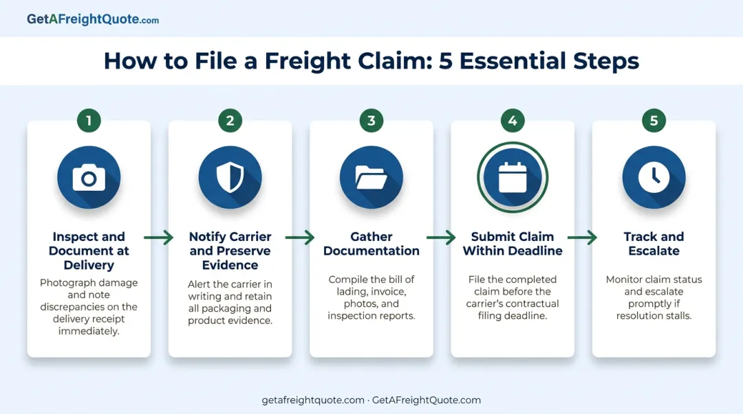 Five-step freight claim filing process from inspection to escalation