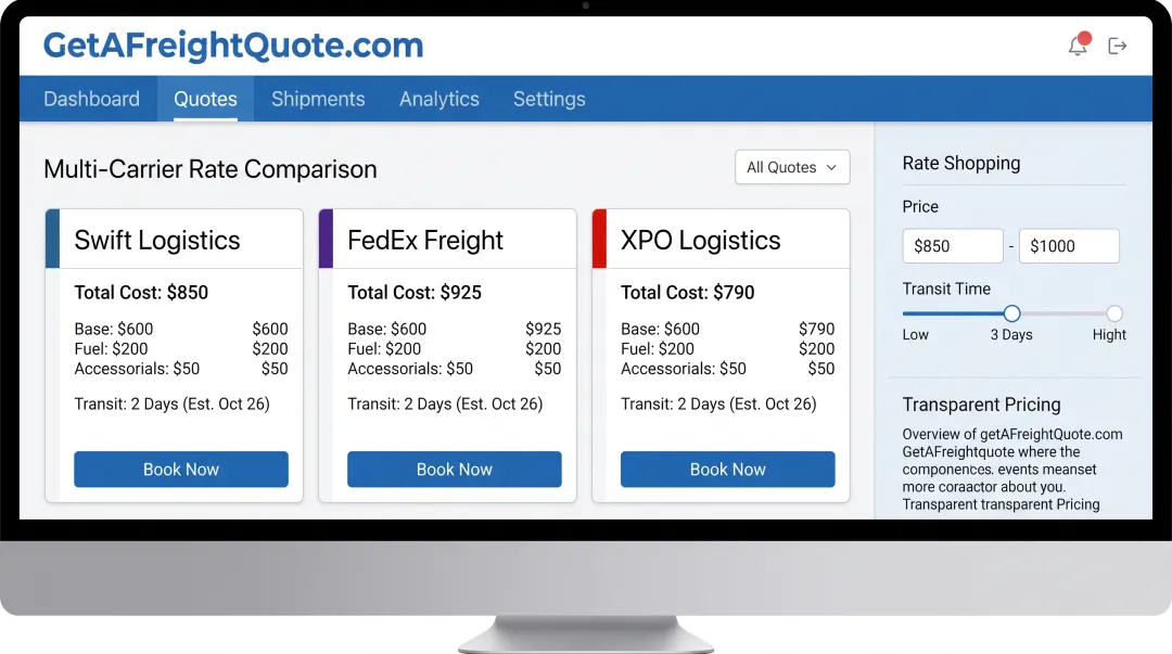 GetAFreightQuote TMS platform dashboard showing multi-carrier rate comparison and booking interface