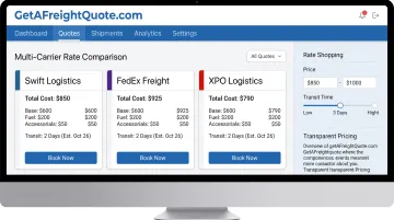GetAFreightQuote TMS platform dashboard showing multi-carrier rate comparison and booking interface