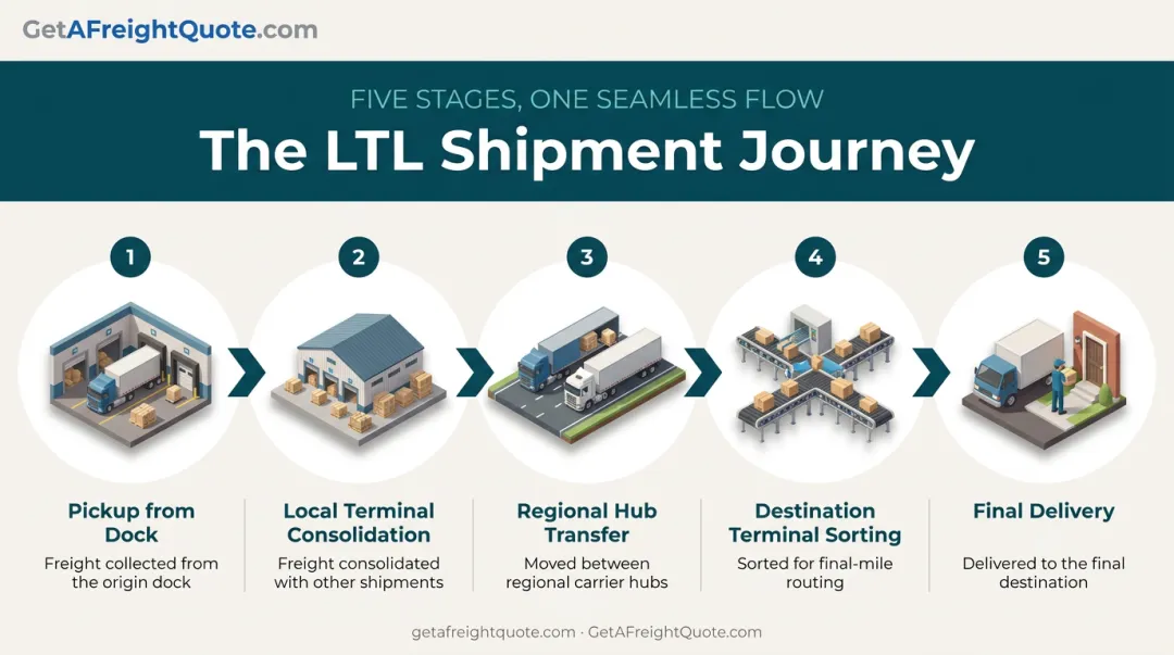 LTL freight shipment journey from pickup to final delivery process flow