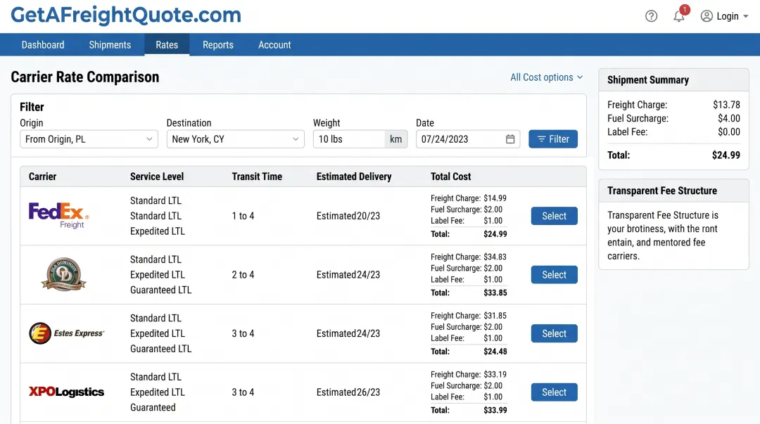 GetAFreightQuote.com TMS platform showing carrier rate comparison and label fee pricing structure