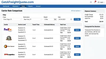 GetAFreightQuote.com TMS platform showing carrier rate comparison and label fee pricing structure