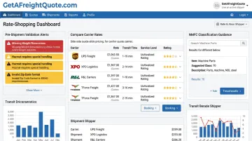 GetAFreightQuote.com TMS dashboard displaying freight classification validation and rate comparison